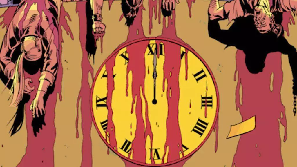 Panel del cómic Watchmen con el doomsday clock marcando las 00:00 hrs y gente muerta alrededor