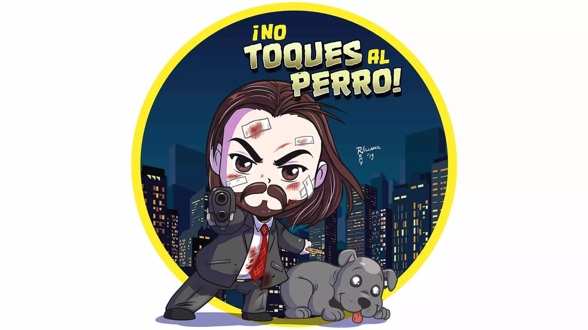 Ilustración de John Wick con su perro por Romy Villamil